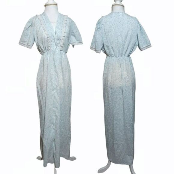 VTG Ballet New York Blue Floral Lace Cottage core Pajama Dress Button Down M - Picture 1 of 10